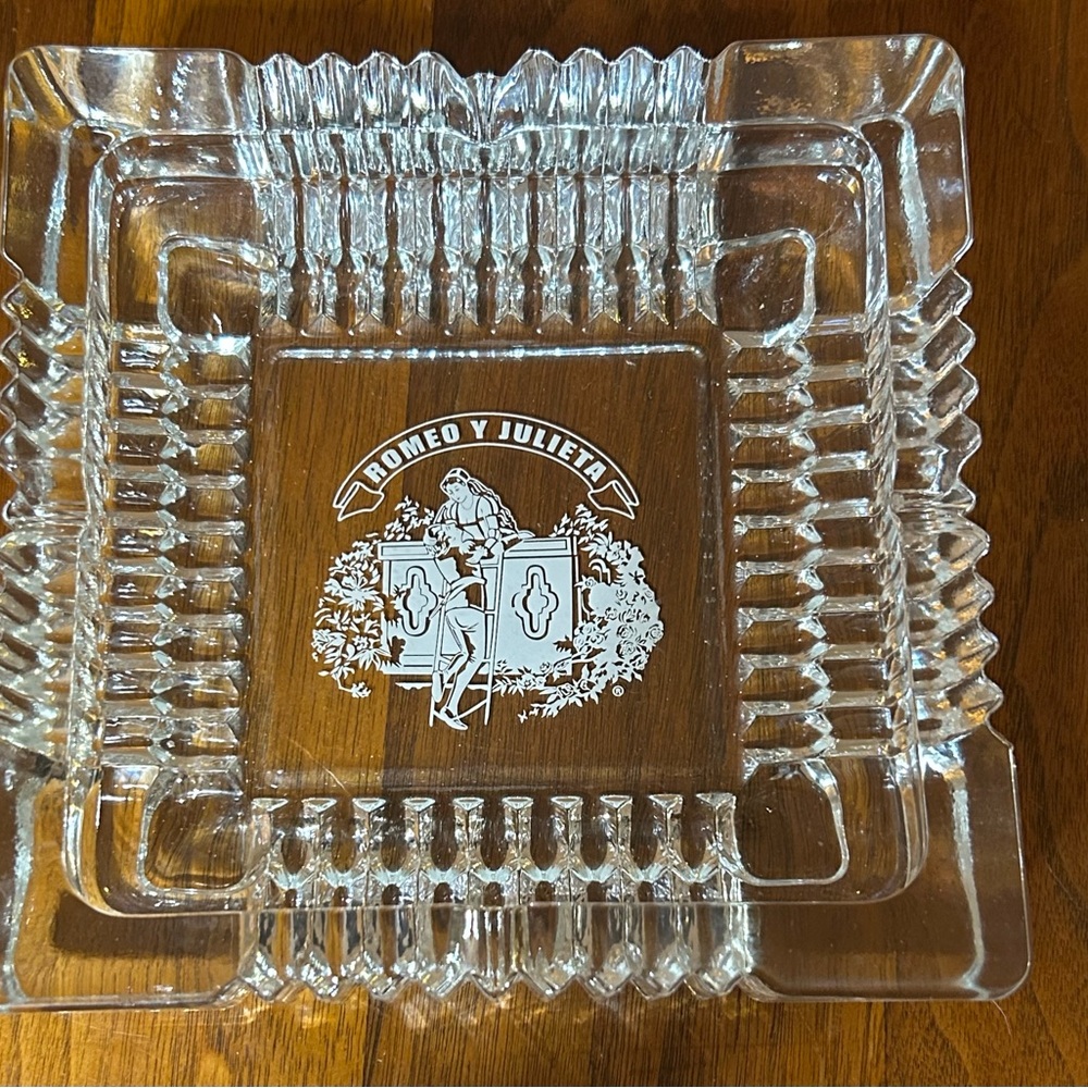 ROMEO Y JULIETA Heavy Cut Glass 7” Square Ashtray-Features R-Y-J Logo in Center